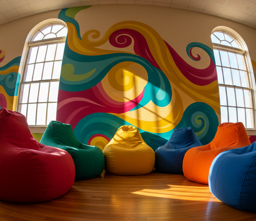 A set of oversized, vibrantly colored beanbag chairs in playful, irregular organic shapes arranged in a loose semi-circle atop polished hardwood flooring. Behind the seating area is a dynamic wall mural with bold, swirling abstract forms and cheerful hues representing community and movement. Late afternoon golden sunlight streams through tall, arched windows, bouncing off the chairs’ textured fabric to create a patchwork of soft, inviting shadows. The atmosphere feels welcoming, sociable, and youthful. Captured from a wide-angle, low perspective to emphasize the inviting space and dynamic composition, in a crisp, photographic style with rich colors and rounded, energetic contours.
