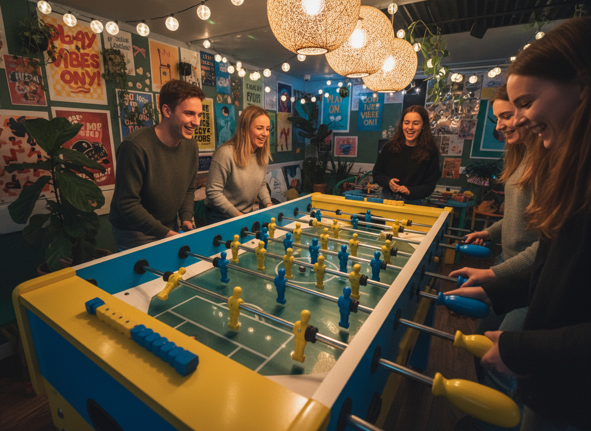 A whimsical foosball table custom-painted in electric blue and sunshine yellow, with chunky, curved corners and playfully exaggerated handles, set against a lively recreation room backdrop filled with bright posters, string lights, and indoor plants. Overhead, round pendant lamps cast pools of warm, even light across the glossy tabletop and create animated reflections. The mood is energetic, playful, and inclusive, channeling the fun-loving persona of a youth club. Shot from a slightly tilted, high angle to convey action and engagement, the composition has asymmetric balance and strong color contrast, rendered in vibrant, photographic realism with soft edges and joyful chaos.